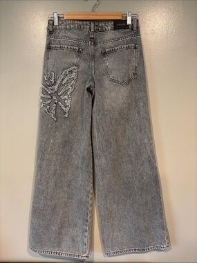RSQ Grey Wide-Leg Jeans with Butterfly Patch